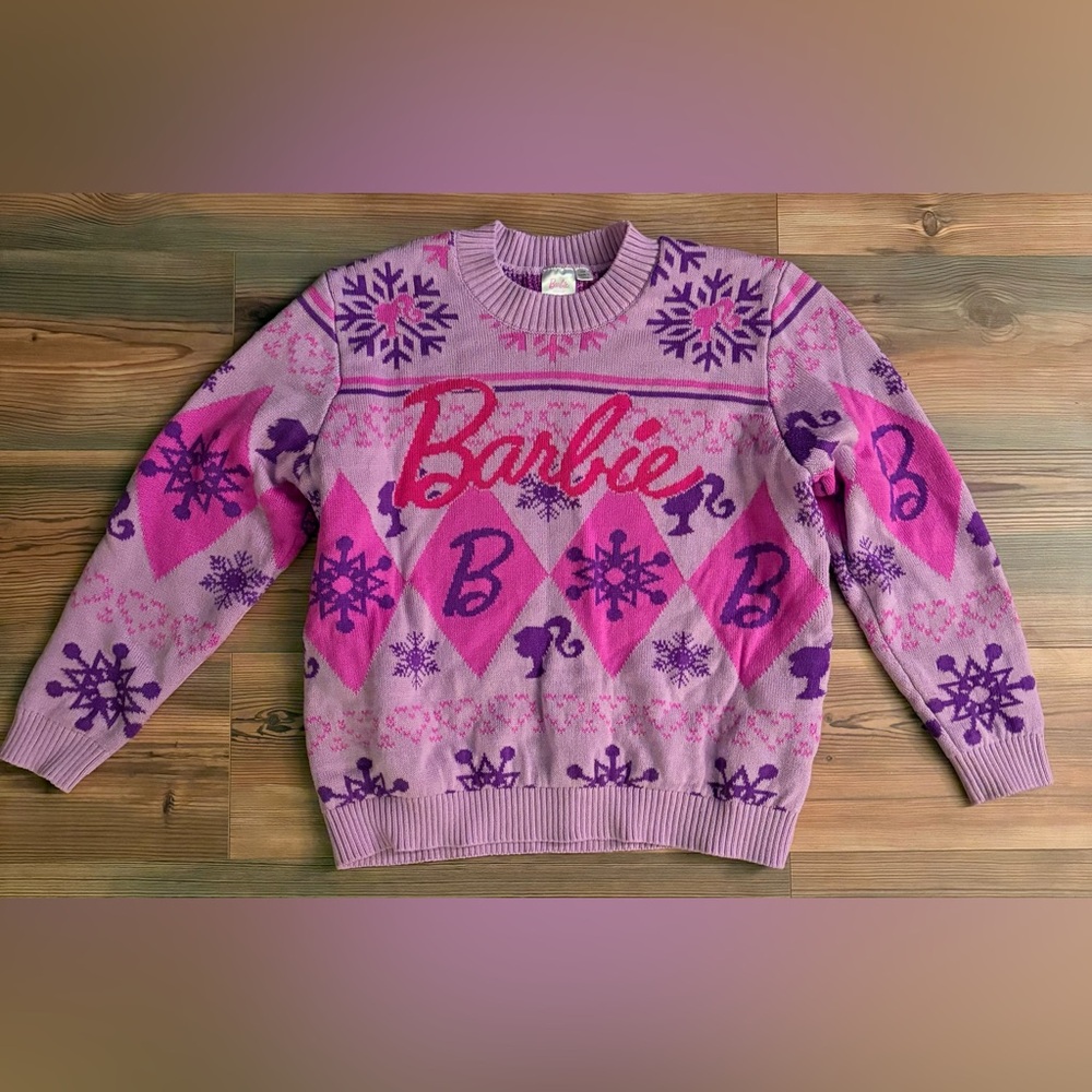 Barbie Women's Vibrant Pink and Purple Crewneck Sweater